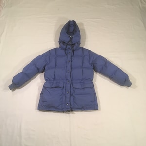 vintage 90s womens north slope eddie bauer goose down puffer parka blue hooded winter jacket made in usa hiking ski mountain expedition