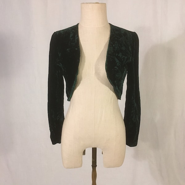 vintage 80s green crushed velvet rayon bolero jacket made in usa