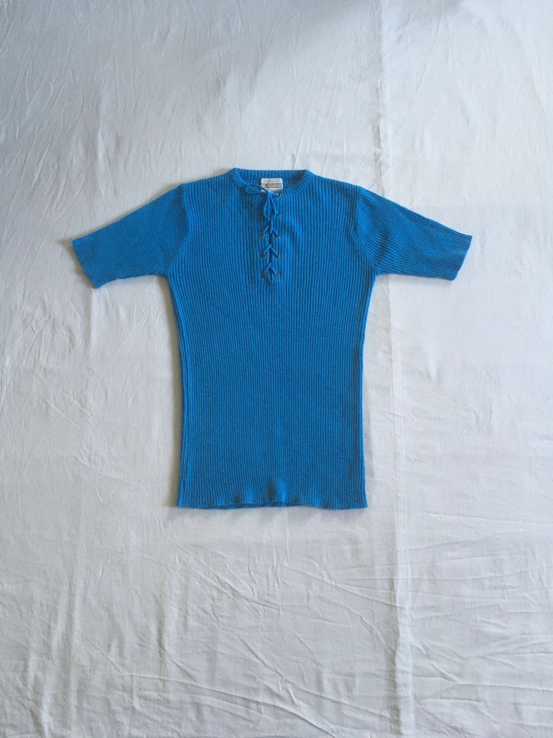 Light Blue 60s Flower Pattern Ribbed Edge Sweater