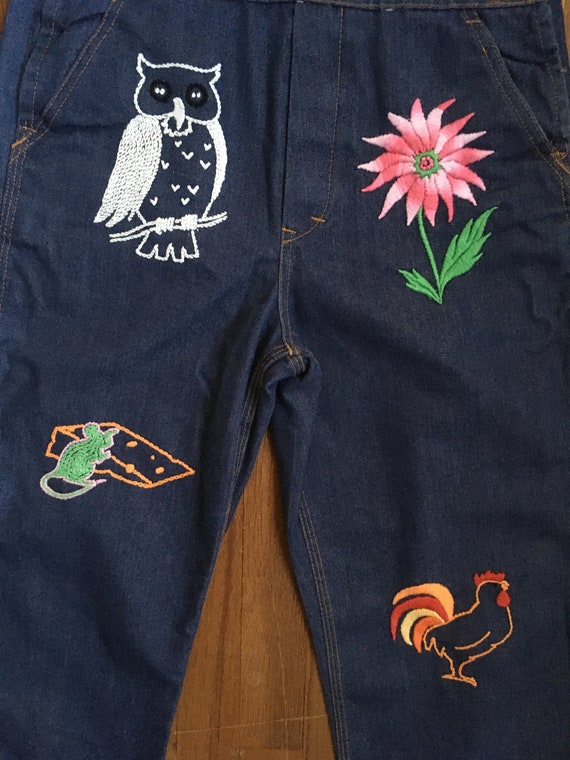 vintage 70s bib overalls hand embroidered animals… - image 3