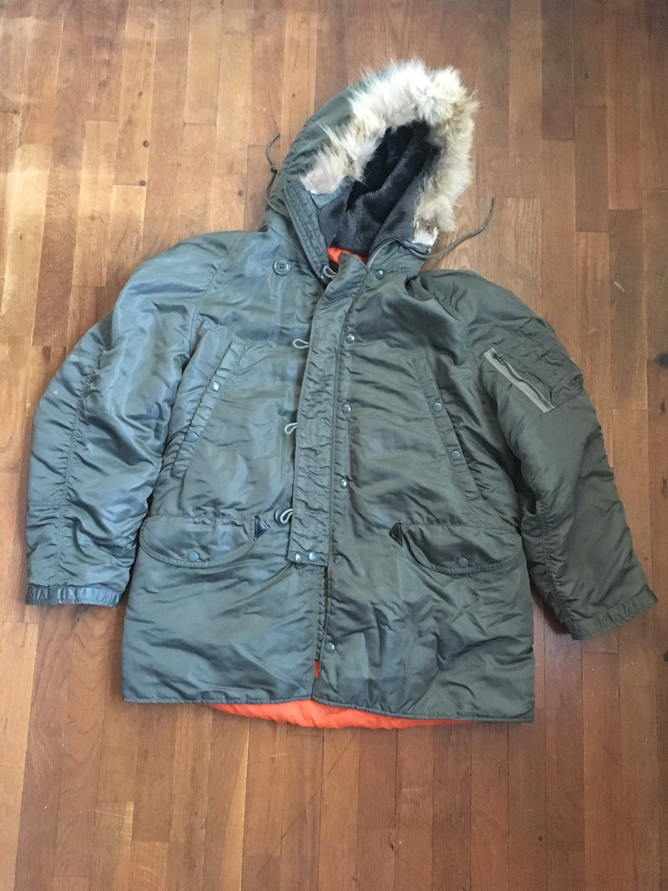 Vintage 70s N-3b Flying Jacket Real Fur Hood Orange Lined
