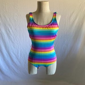 vintage 80s rainbow striped one piece swimsuit 1980s swimwear