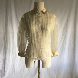 vintage 50s opera original sheer white gold checkered puff sleeve smock pleat knife pleat button up blouse 1950s womens mid century fashion