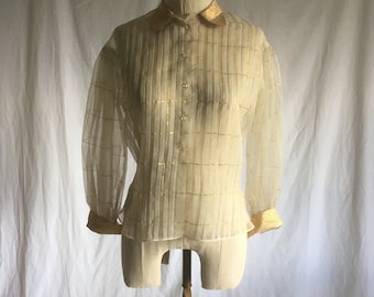 vintage 50s opera original sheer white gold checkered puff sleeve smock pleat knife pleat button up blouse 1950s womens mid century fashion