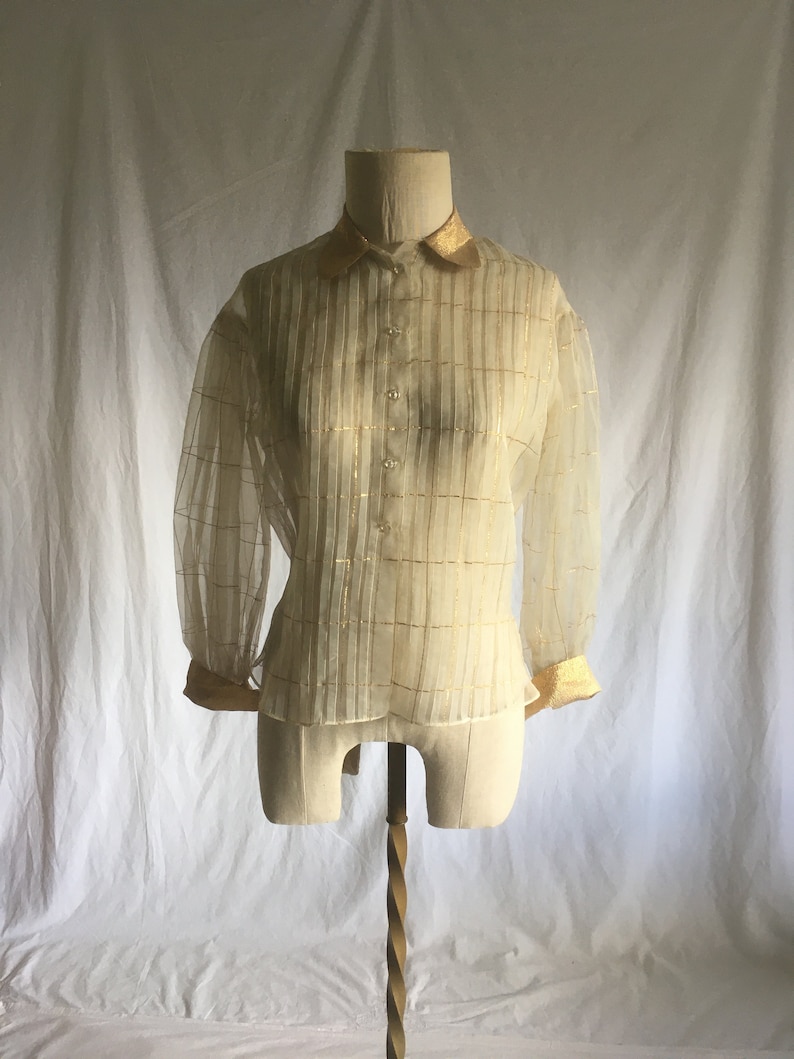 May include: A sheer, ivory-colored blouse with gold-colored stripes and a gold-colored collar. The blouse has long sleeves and a button-up front.