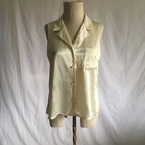vintage 90s jones new york satin cream white button up embroidered pocket sleeveless double breast collar blouse 1990s pajama top style