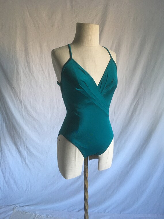 vintage 70s sirena shiny jade green cross body swimsu… - Gem