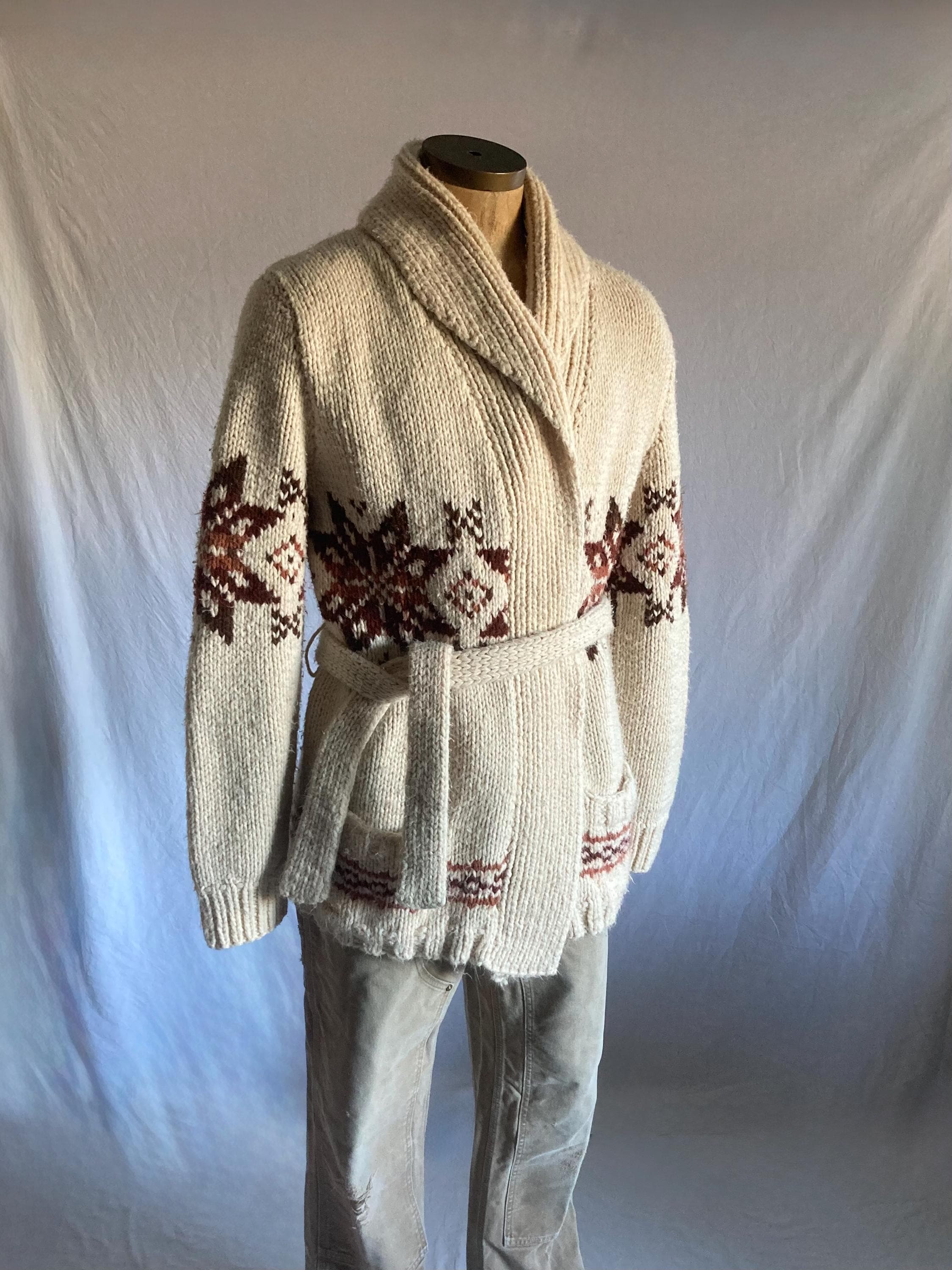 トップス 70s cottonknit star cardigan vintage Vintage 70s Shawl Collar Cardigan Wrap Sweater L Cowichan the Dude