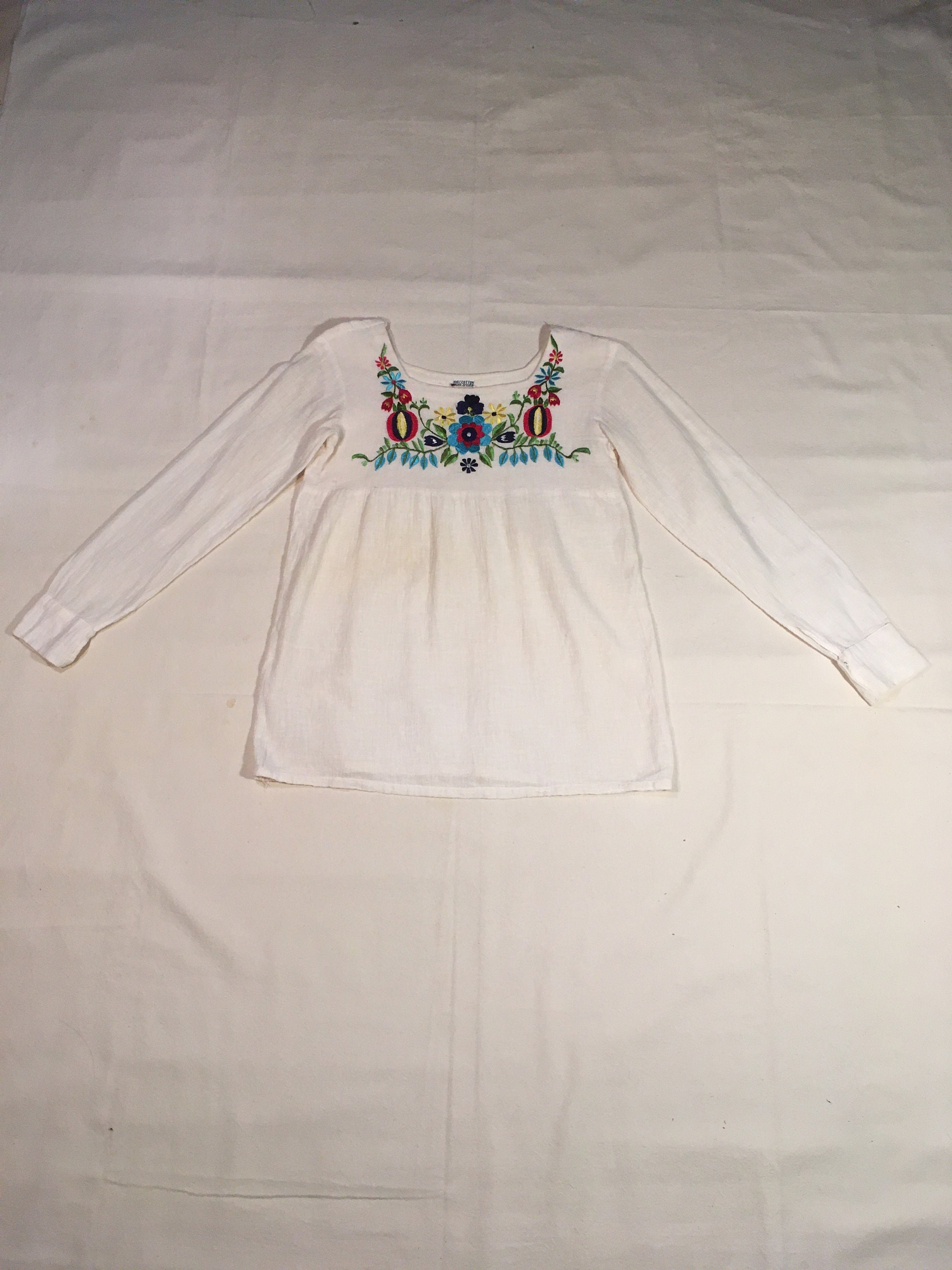 vintage 70s handwoven cotton gauze embroidered square neck long sleeve peasant handmade festival blouse made in India