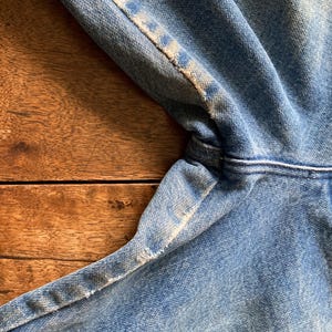 Pu&ograve; includere: Primo piano di una sezione di jeans blu. Il tessuto mostra usura con sfilacciature visibili lungo le cuciture e i bordi. Il denim ha un aspetto sbiadito, con macchie pi&ugrave; chiare.