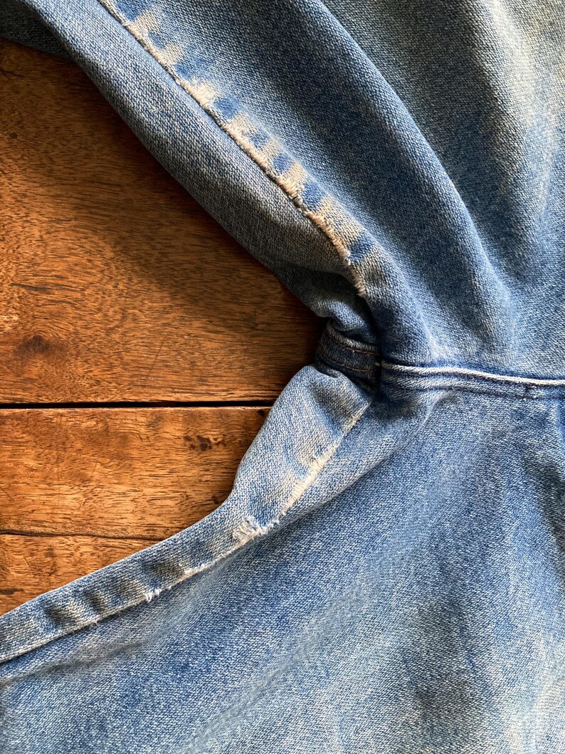 Pu&ograve; includere: Primo piano di una sezione di jeans blu. Il tessuto mostra usura con sfilacciature visibili lungo le cuciture e i bordi. Il denim ha un aspetto sbiadito, con macchie pi&ugrave; chiare.