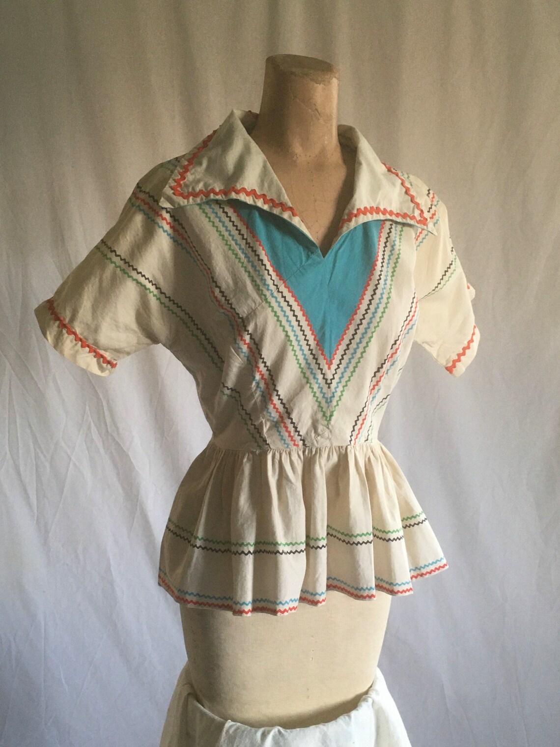 Rockabilly Ric Rac Vintage 40s Ric Rac Cotton Side Zip Peplum Fiesta Blouse 1940s Womens ...