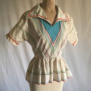 Vintage 40s Ric Rac Cotton Side Zip Peplum Fiesta Blouse 1940s Womens ...