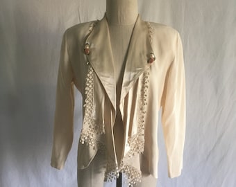 vintage 80s wild rose cream white shoulder pad blazer jacket peek a boo back lace floral trim silky lapel draped open front 1980s women