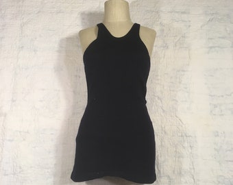 vintage 1930s wool worsted mens one piece cut out navy blue skirted racer back swimsuit swimwear