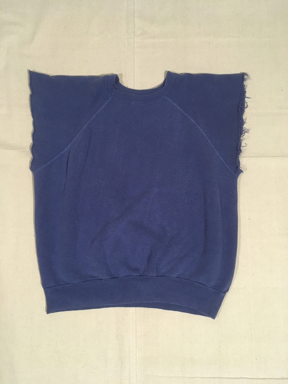 Vintage 60s Blue Raglan Sweatshirt Cut off Sleeves Naches