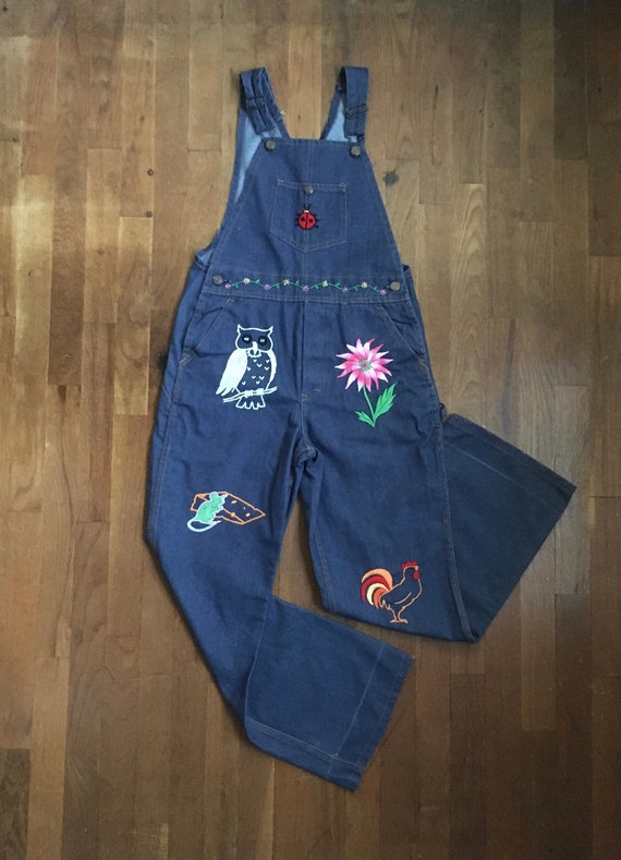 vintage 70s bib overalls hand embroidered animals… - image 1