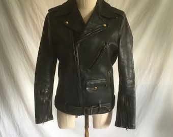 vintage 40s front quarter horsehide belted motorcycle jacket black leather wool buffalo shadow plaid blanket lined biker jacket small