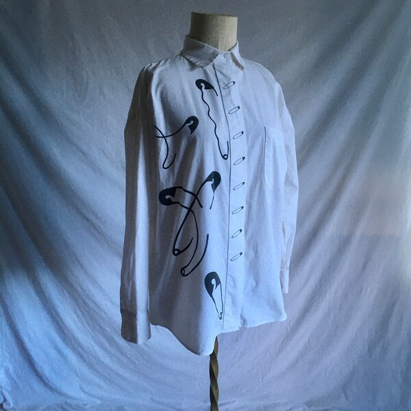 vintage 80er gitano sicherheitsnadel bluse weiß baumwollstoff baggy oxford shirt 1980er new wave fashion