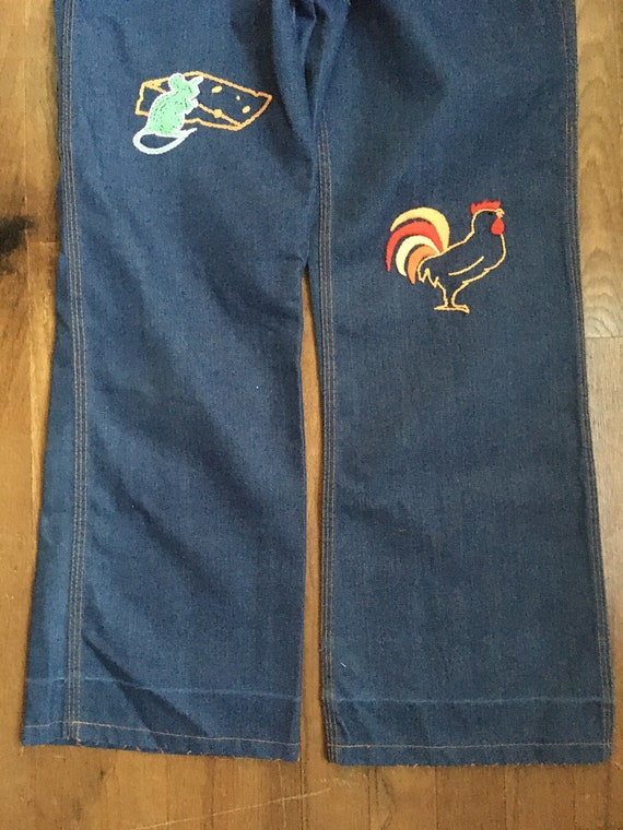 vintage 70s bib overalls hand embroidered animals… - image 8