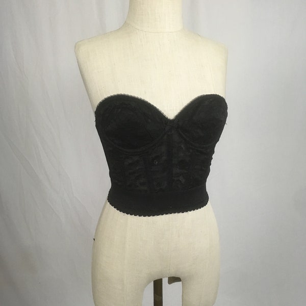 vintage 80s black lace strapless bustier 34B sintrigue 1144 1980s lingerie padded bra plunge back