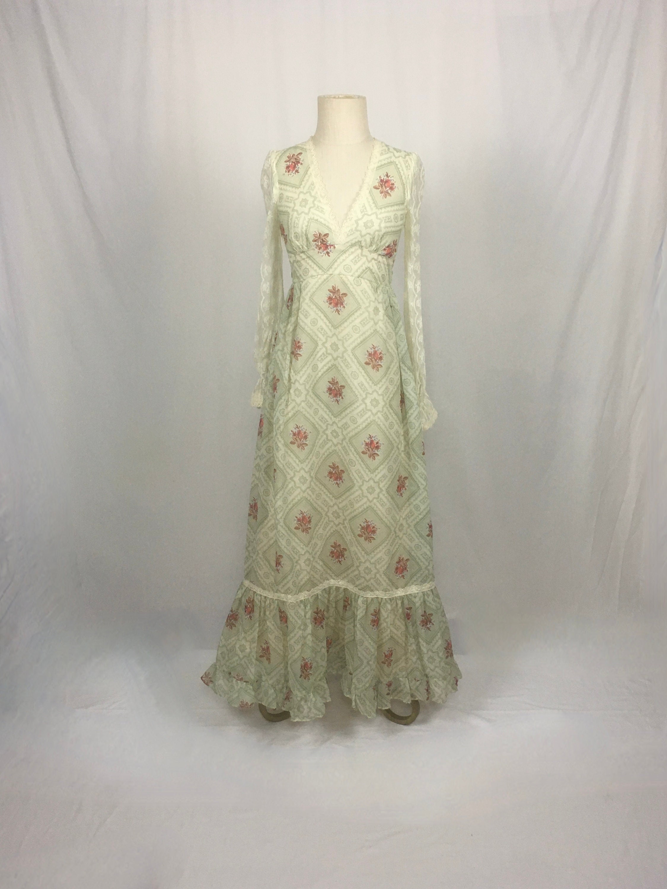 Vintage 70s Gunne Sax by Jessica Dress Maxi Voile V Neck Long Sleeve ...