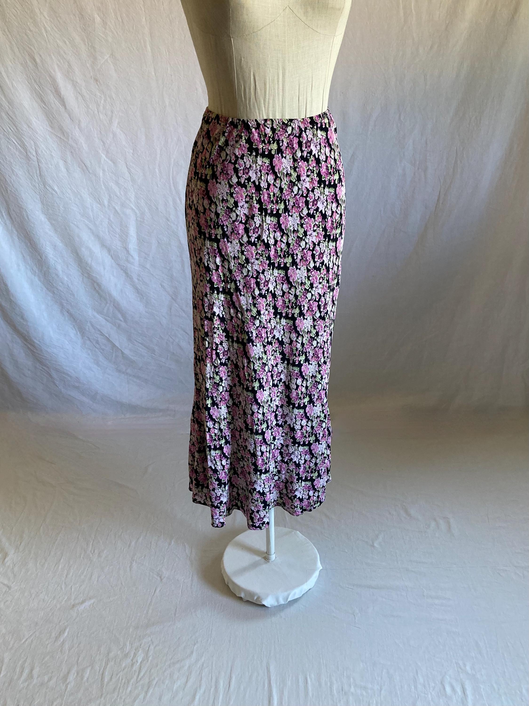 vintage 90s rayon floral maxi skirt twyla blu 1990s elastic waist maxi modest summer comfort style