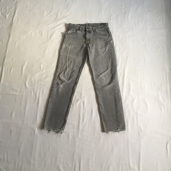 vintage 80s levis 506 stone washed grey faded ripped jeans made in usa 32 / 33 x33 1980s high waist denim