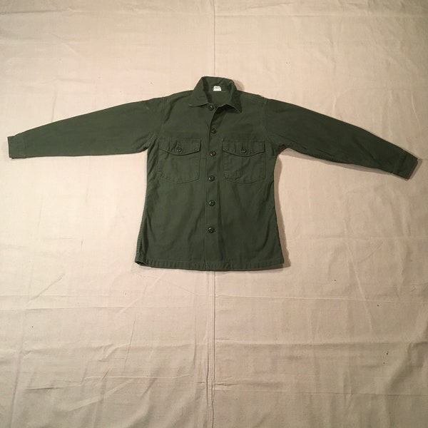 vintage 60s OG-107 vietnam era selvedge sateen army green military shirt 1969 (Guy H. James Ind, Inc.)