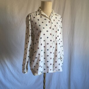 vintage 80s gap clothing company cotton geometric print button up collared long sleeve shirtwomens 1980s fashion