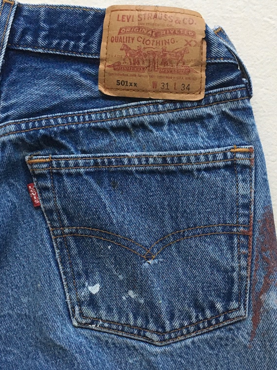 Vintage Levis 501xx Made in Usa Paint Patina Blue Jeans 30 X