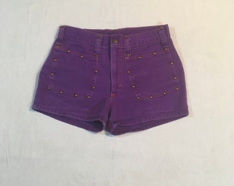 vintage 60s purple denim jean metal studded hot shorts h.i.s. for her hippie boho mod biker w28