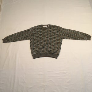 vintage 90s jhane barnes pull over trippy preppy abstract pixel pattern weave multi color sweater crew neck oversized light hong kong fit