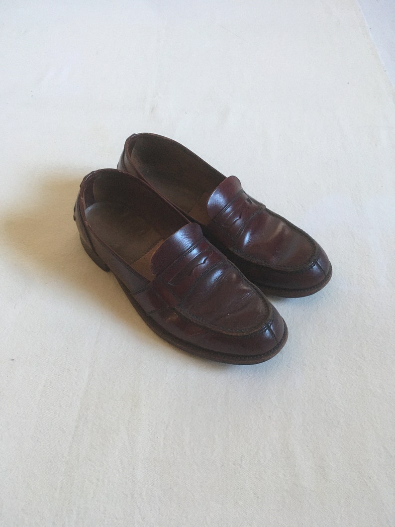 vintage 60s olympic shoes union stamp burgundy penny loafers leather moc toe shoes mens 8 image 1