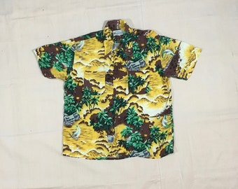 vintage 50s Kmart Hawaiian style rayon button up aloha shirt tiki long collar island camp shirt rockabilly dapper polynesian print 1950s