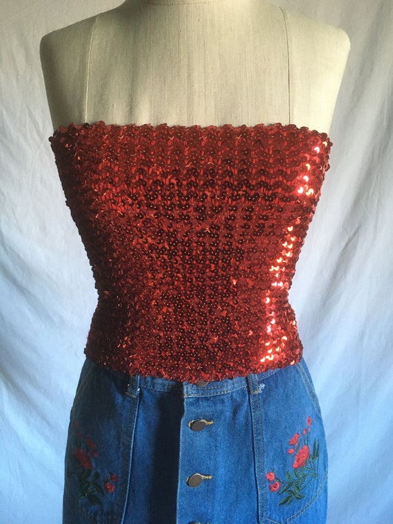 vintage 70s red sequin tube top 1970s fashion dis… - image 2