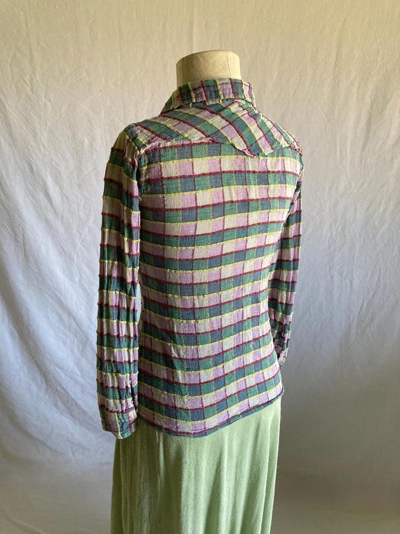 vintage 70s patchwork button up collared chevron … - image 7