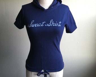 vintage 70s short sleeve dark blue pullover hooded sweat shirt short sleeve hoodie t shirt