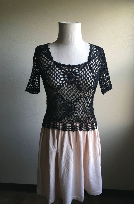 vintage handmade hand knit black mesh crochet loos