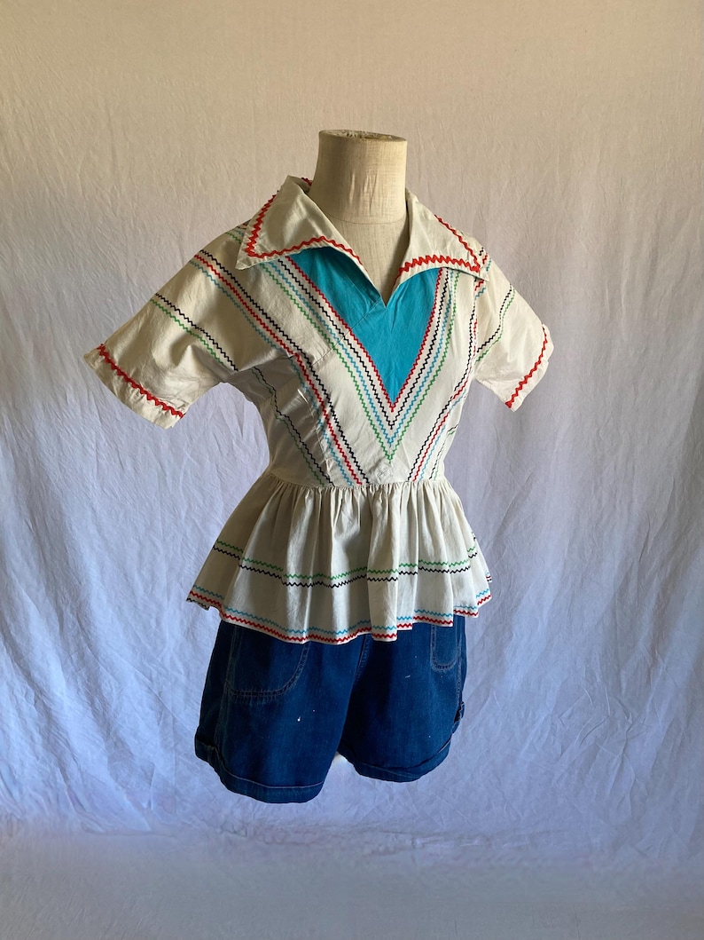 vintage 40s handmade blouse side zip peplum fiesta western rockabilly polka ric rac image 1