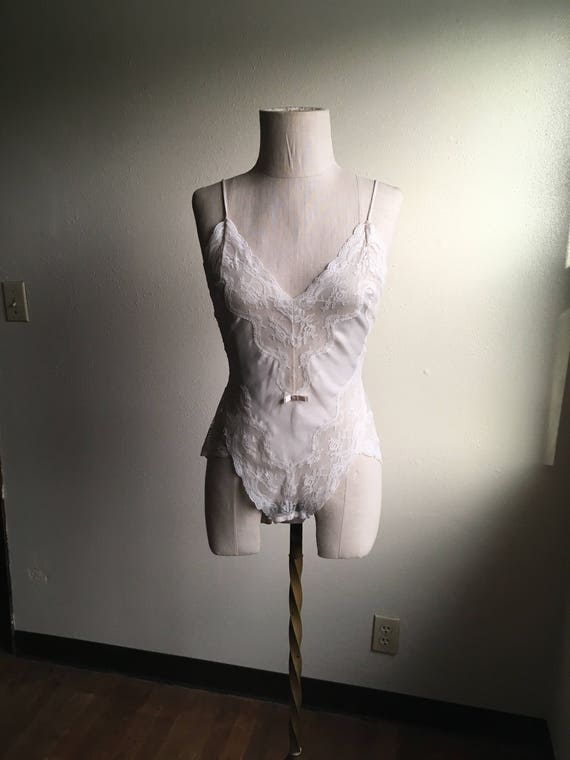 vintage 80s barbizon satin remarque lace trim v neck elastic waist back adjustable strap crotch snap teddy made in usa