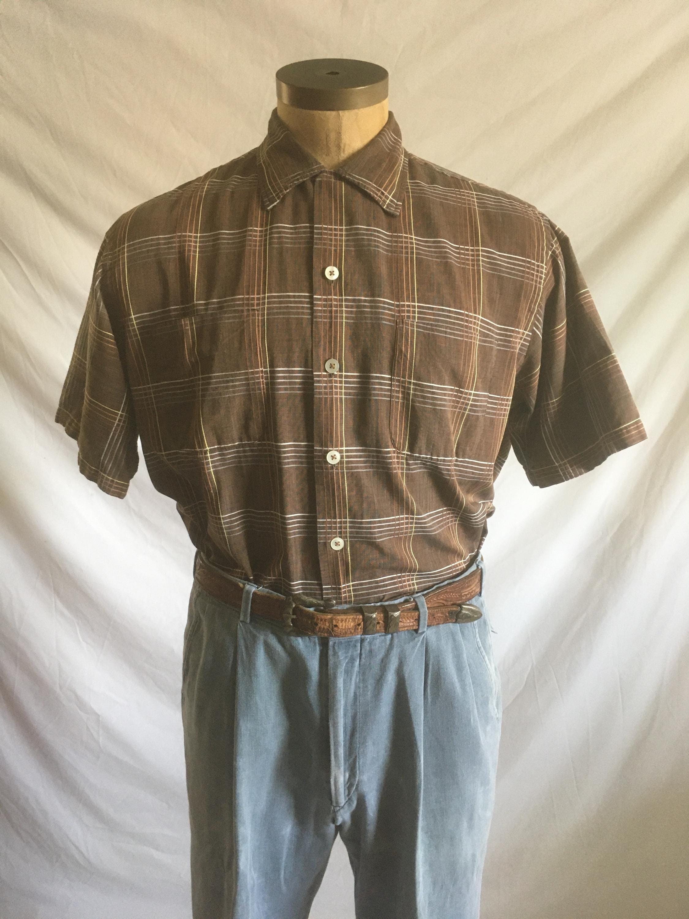 Vintage 50s Loop Collar Shirt Brown Plaid Slub Cotton