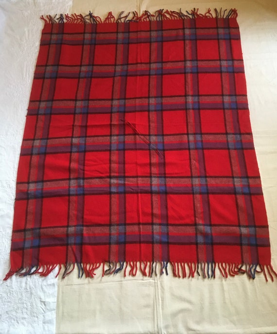 vintage 60s farbo red plaid wool fringe throw bla… - image 7