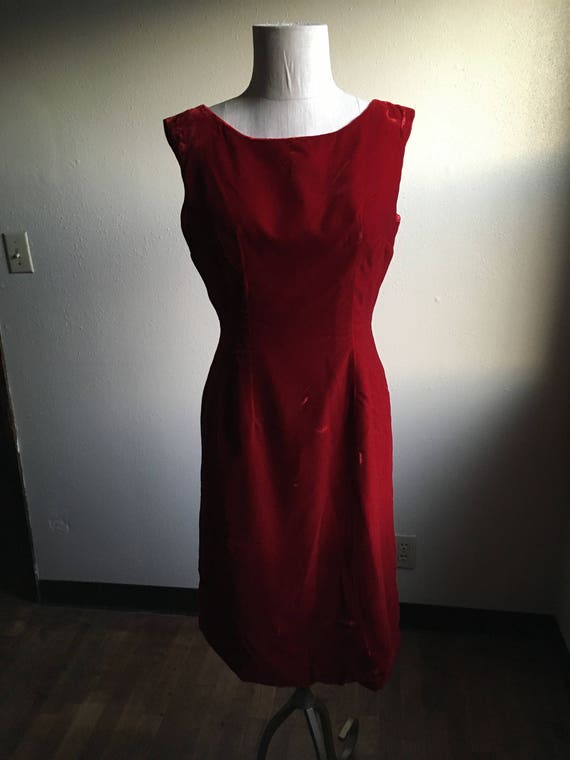 vintage 60s red velvet zip up back boat neck slee… - image 3