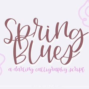 May include: Spring Blues calligraphy font script in a pink and white color scheme with a rose graphic on each side.  The text reads "Spring Blues a darling calligraphy script by Blush Font Co."