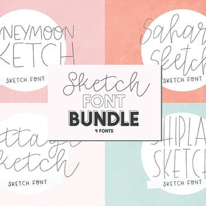 Puede incluir: Una descarga digital de cuatro fuentes de letras dibujadas a mano: Honeymoon Sketch, Sahara Sketch, Cottage Sketch y Shiplap Sketch. Las fuentes se muestran en círculos blancos sobre un fondo rosa, melocotón y azul claro. El texto "Sketch Font Bundle" se muestra en negro.