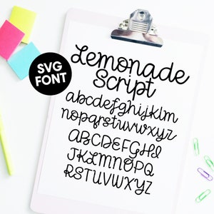 May include: A white clipboard with a black clip, featuring the text "Lemonade Script" in a handwritten font. The alphabet is displayed in lowercase and uppercase letters.