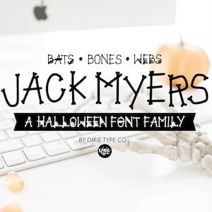 May include: A black and white font design called "Jack Myers" with the text "Bats Bones Webs" and "A Halloween Font Family"  by Dixie Type Co. The font is stylized to look like bones.