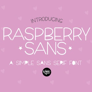 Puede incluir: Presentación de Raspberry Sans, una fuente sans serif simple. El texto es blanco sobre un fondo rosa con corazones blancos dispersos.