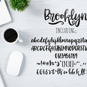 May include: A black and white image of the font "Brooklyn" in a handwritten style. The font includes uppercase and lowercase letters, numbers, and punctuation marks. The text "INCLUDING:" is written above the font.